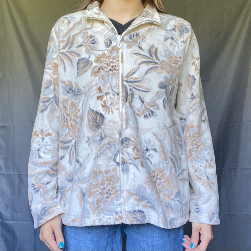Alfred Dunner Large Neutral Floral Fleece Zip Up Jacket W/Bedazzles And Pockets